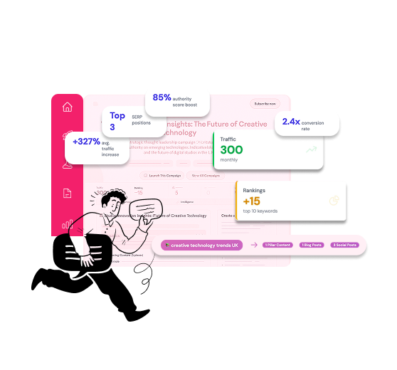 founder running in front of a dashboard with content and seo kpis