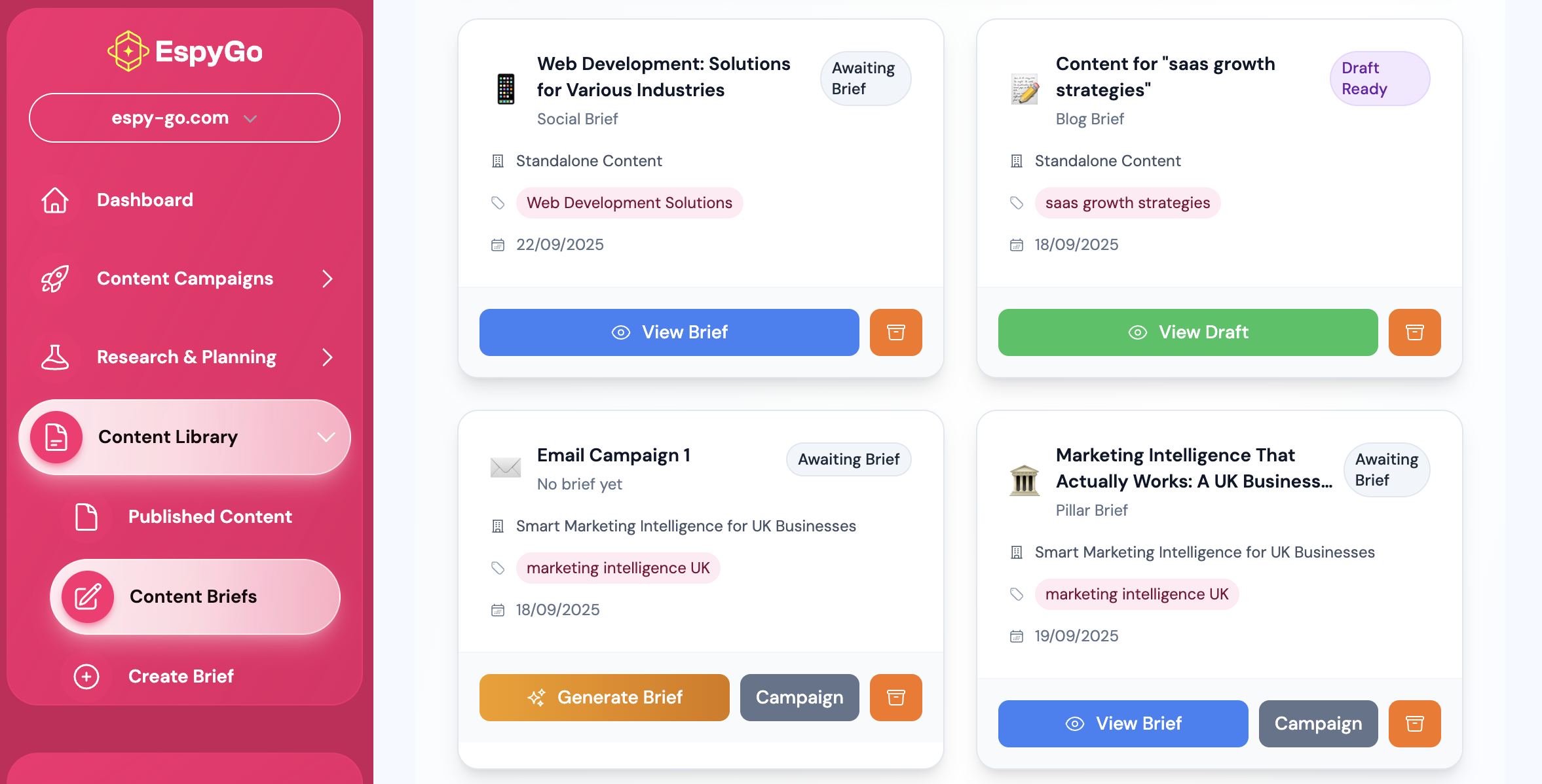 image of ai generated briefs pending approval in espygo platform