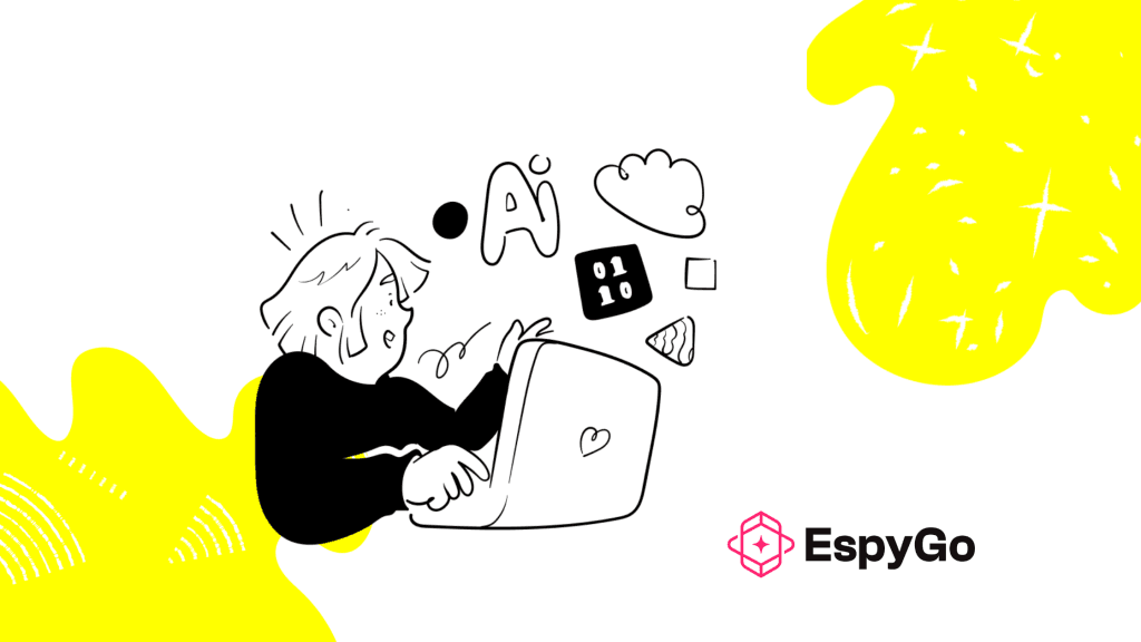 Illustration of a marketer using AI-powered tools on a laptop, with cloud and data icons representing EspyGo’s 2025 AI search optimisation strategies.