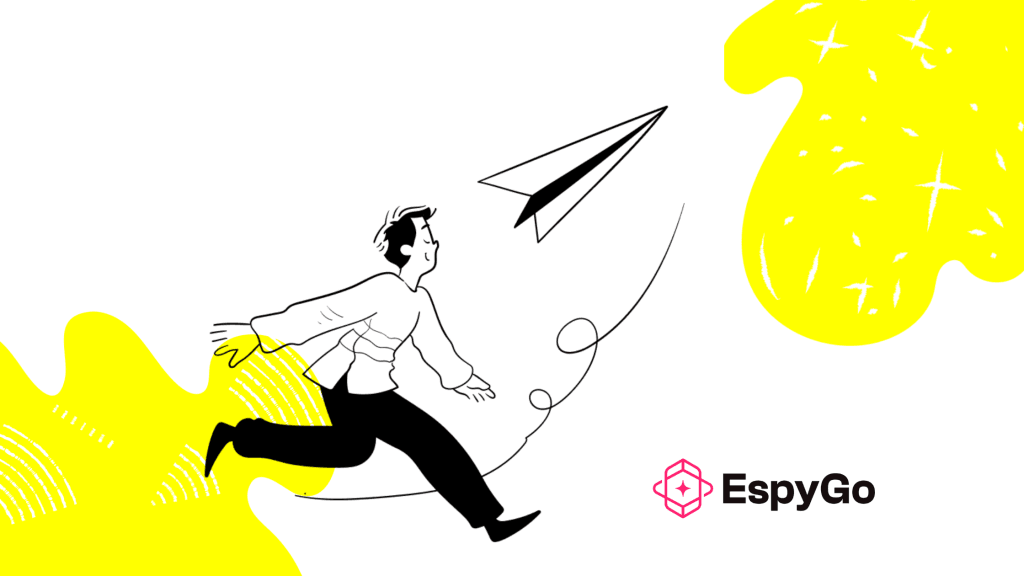 Illustration of a marketer launching a paper plane, symbolising AI-powered content growth and digital visibility with EspyGo.