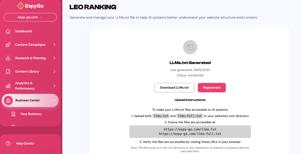 AI search algorithm - EspyGo’s LLM.txt Feature