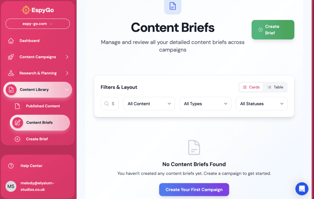 EspyGo's Content Briefs Section