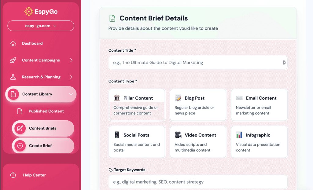 EspyGo's Content Briefs Window Screenshot