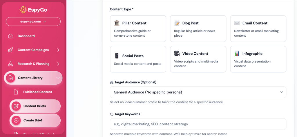 EspyGo's Content Briefs Section Screenshot