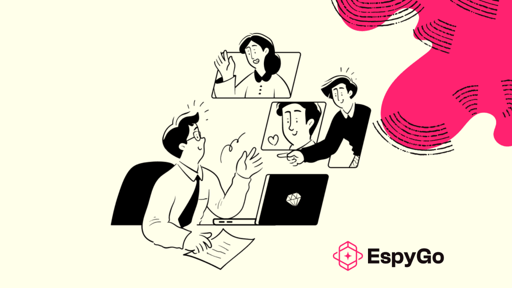 Illustration of a marketing professional tracking AI search visibility with their remote team during an online meeting, representing collaboration in monitoring brand mentions across ChatGPT and other AI platforms, with EspyGo logo.