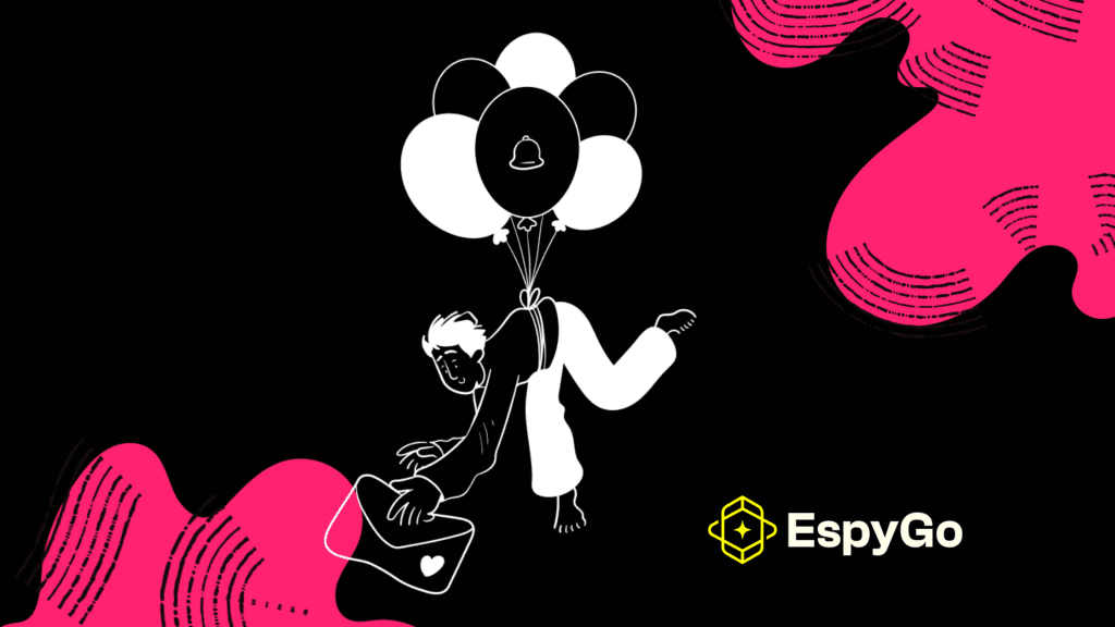 Illustration of a person holding a laptop and floating with balloons, symbolizing content workflow efficiency, with the Espy-Go logo on a black background.