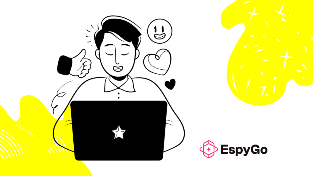 Illustration of a smiling SaaS marketer working on a laptop with positive reaction icons (thumbs-up, heart, smiley) around them, symbolising successful content performance and audience engagement. EspyGo branding appears in the corner.