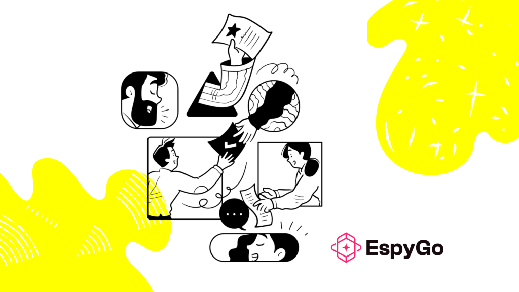Illustration of professionals exchanging documents and ideas, symbolising teamwork and workflow collaboration, with the EspyGo logo on a white background and bright yellow abstract shapes.
