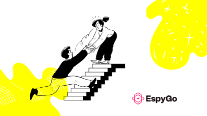 Illustration of two professionals helping each other climb steps, symbolising how brands can rise in AI search rankings through collaboration and smart strategy, with EspyGo logo.