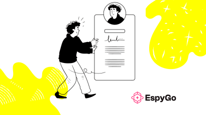 Illustration of a person reviewing a digital document with a profile photo, symbolizing streamlined campaign planning and organized workflows, featuring the Espy-Go logo on a white background with yellow design accents.