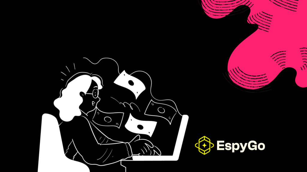 Illustration of a marketer working on a laptop as money flows from the screen, symbolising content performance and revenue growth, with the EspyGo logo in the corner.