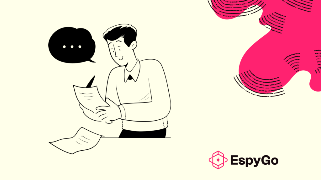 Illustration of a person reading a document with a speech bubble above them, alongside the EspyGo logo in the bottom-right corner.
