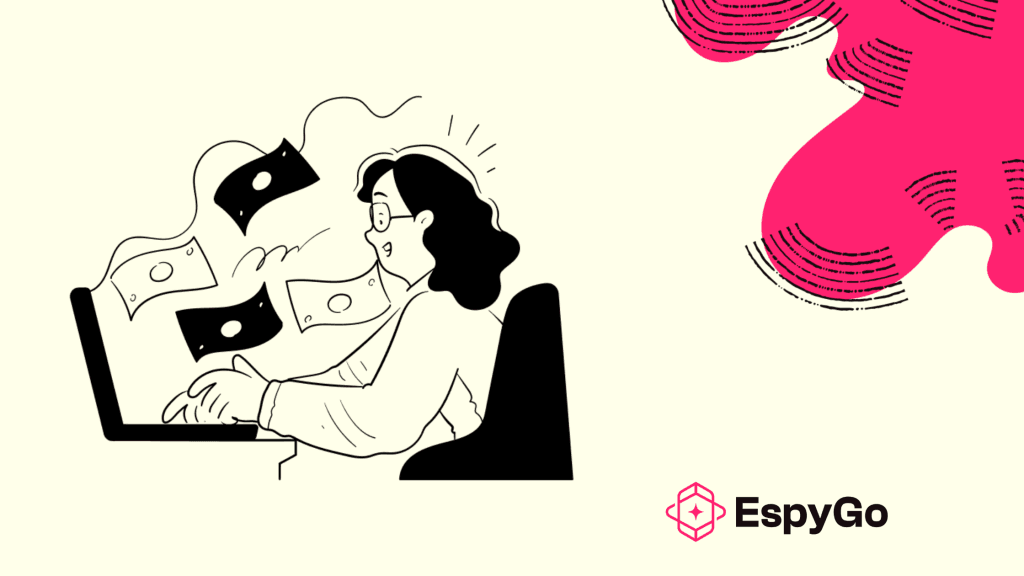 Illustration of a SaaS founder working on a laptop as money flows toward the screen, symbolising increased revenue and efficiency from automated content scheduling. The EspyGo logo appears in the corner, representing AI-powered visibility and performance tracking.