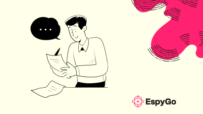 Illustration of a person reading a document with a speech bubble above them, alongside the EspyGo logo in the bottom-right corner.