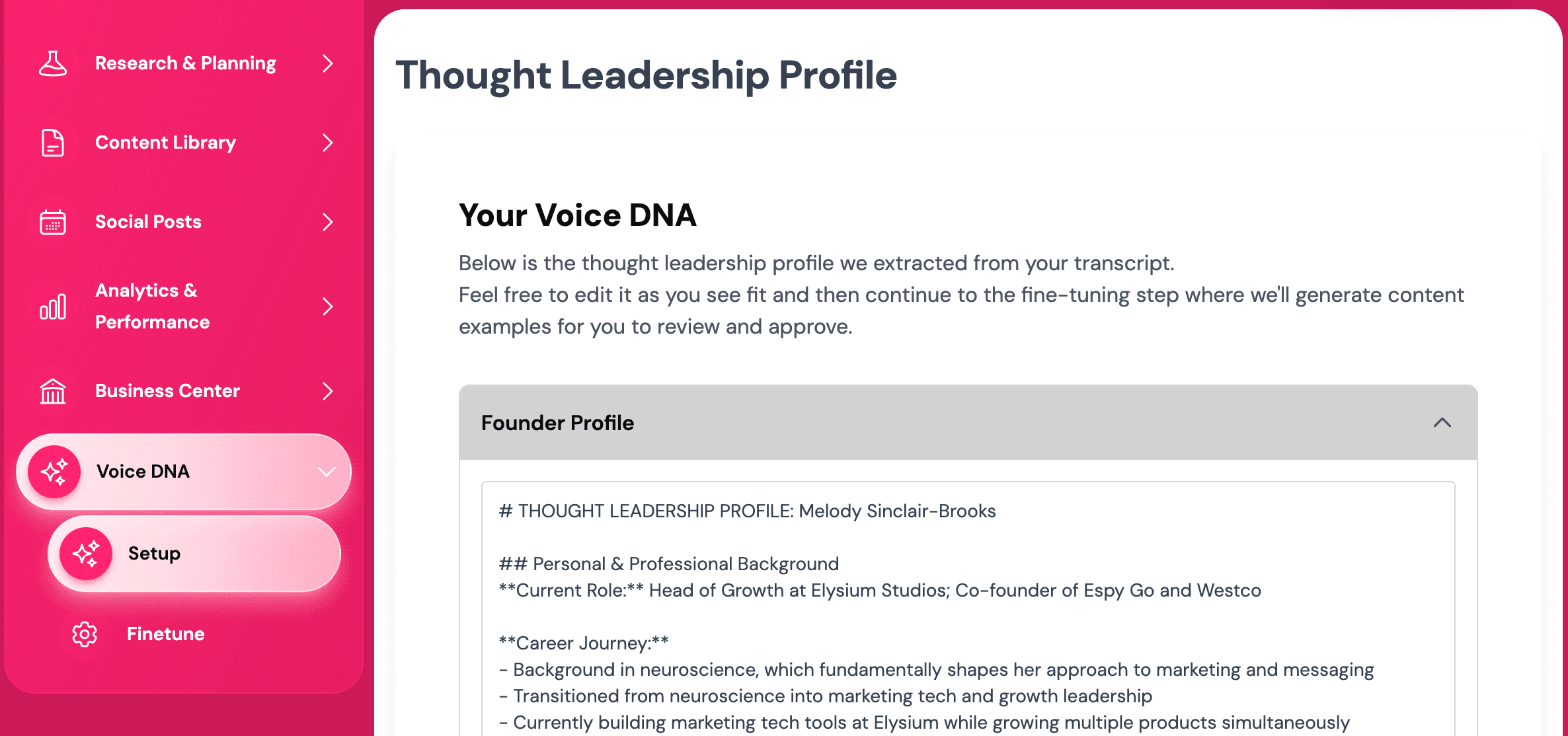 voice dna training in tone of voice of founder screen