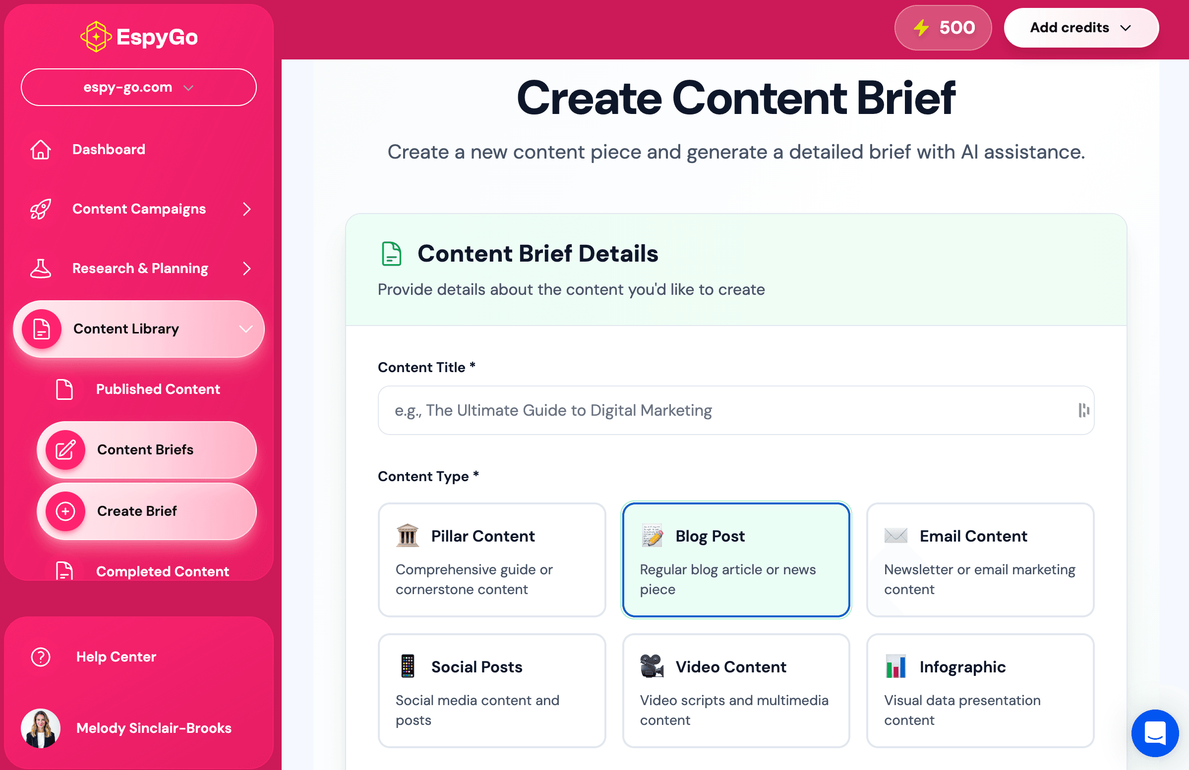 window showing how to start a brief to create ai written content