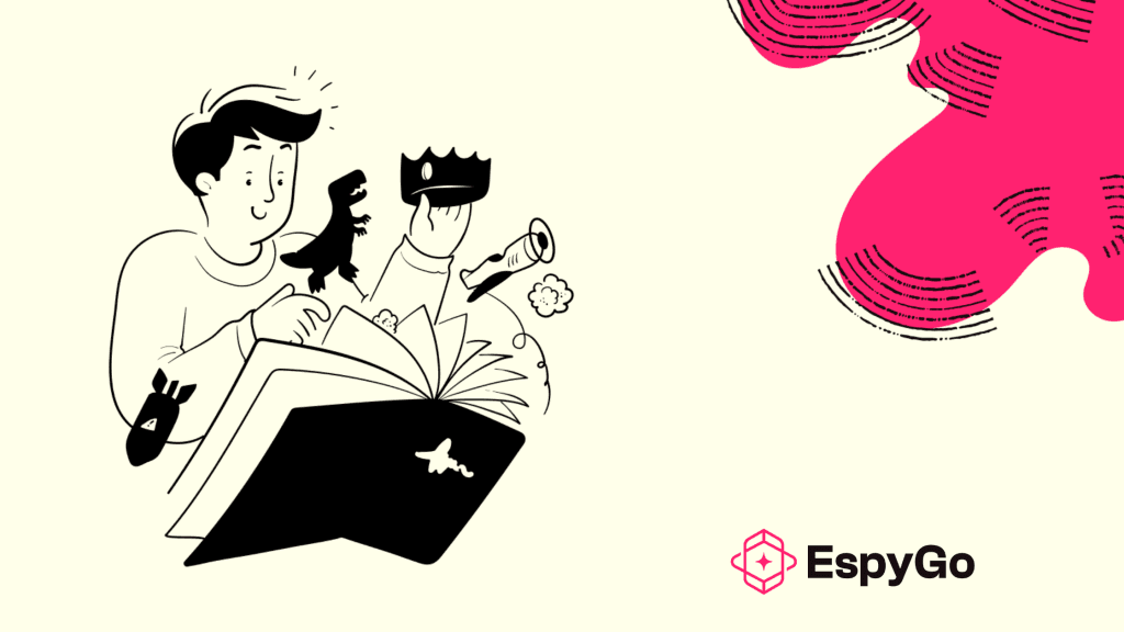 Illustration of a person opening a large book with creative elements like a toy dinosaur, a crown, and a magnifying glass emerging—representing content ideas turning into multiple distribution assets. EspyGo logo displayed on the right.