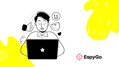 Illustration of a person happily working on a laptop with positive reaction icons, used as a visual element for EspyGo branding.